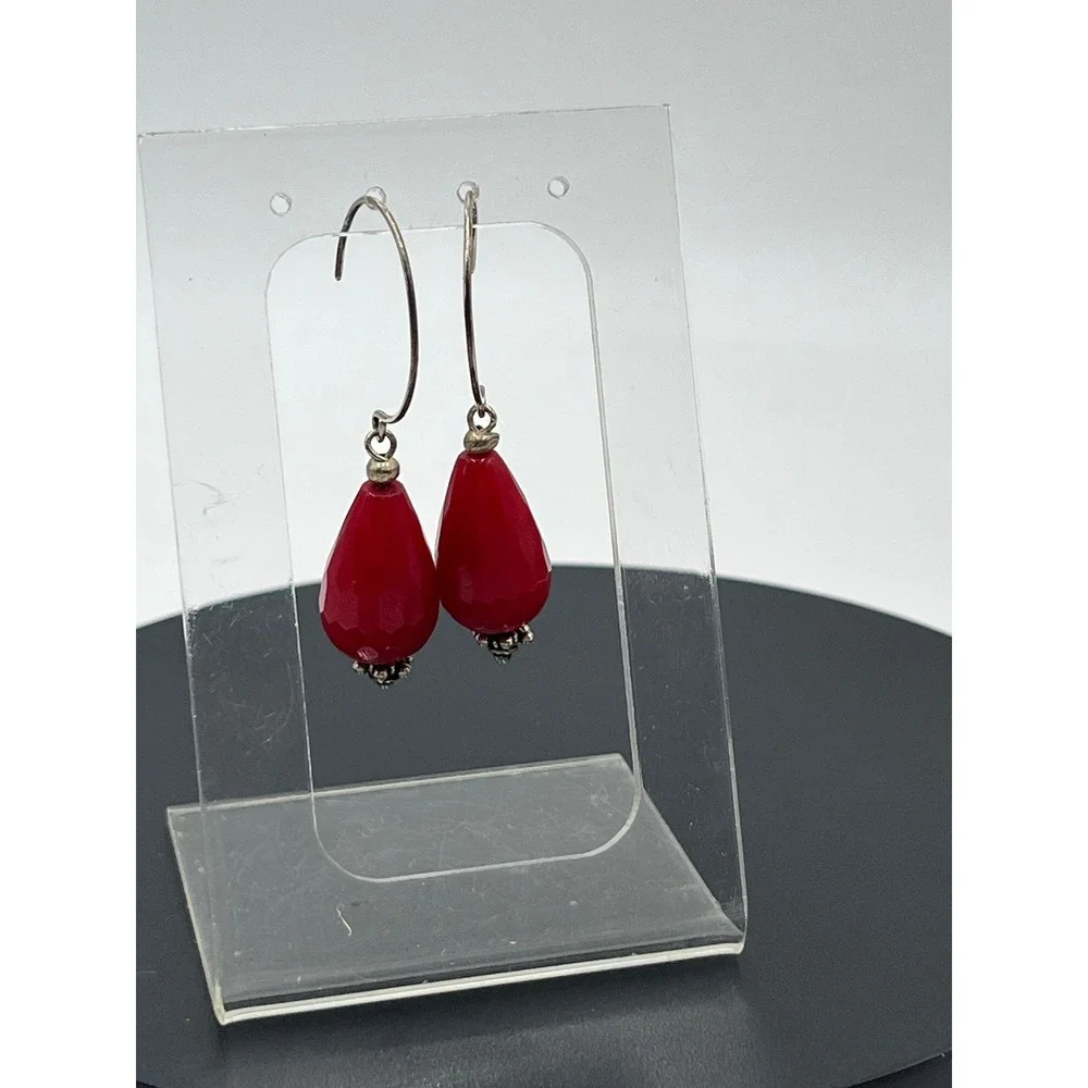Genuine Red Jadeite‎ Sterling Silver 925 Dangle Earrings Faceted Teardrop 2